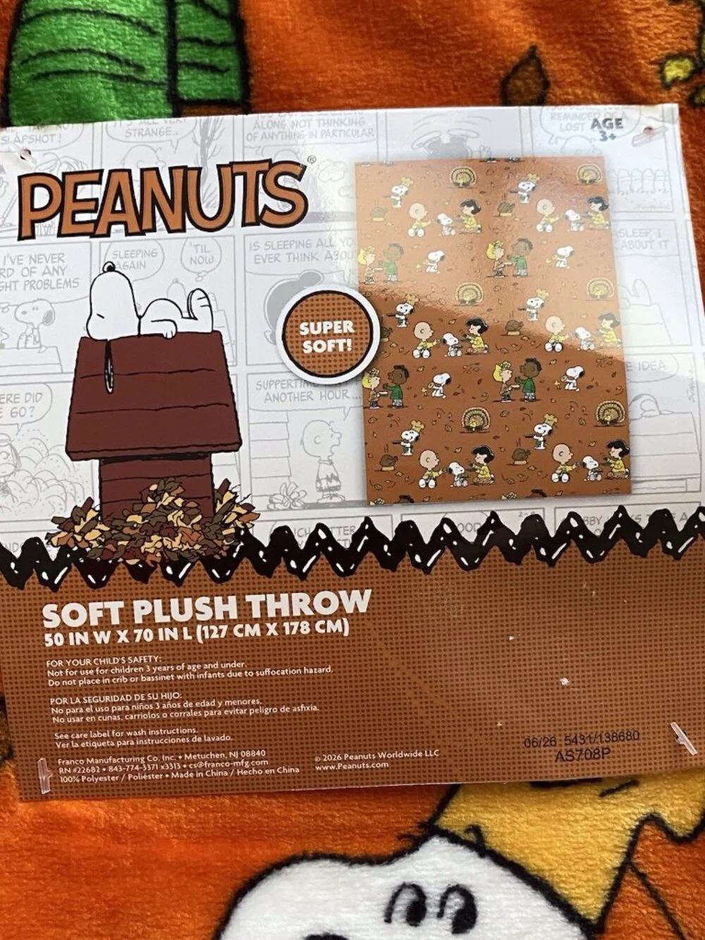 Peanuts Snoopy Charlie Brown Fall Thanksgiving Throw Blanket 50” X 70” NEW